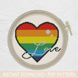 love heart cross stitch pattern pdf, rainbow cross stitch, easy cross stitch - instant download