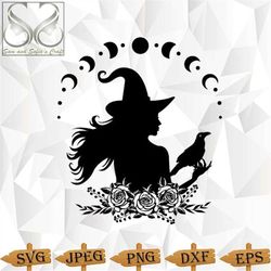 moon witch and raven crow floral svg | silhouette cut file | cricut