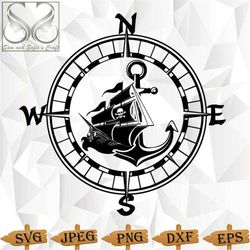pirate ship compass anchor svg | navigation svg | pirate rose svg | pirate nautical compass anchor silhouette clipart |