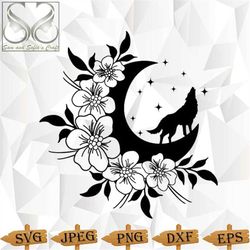 mystical wolf svg png | wolf on floral moon design svg | cut file for cricut