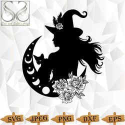 moon witch and the cat svg | moon witch svg | silhouette | cricut