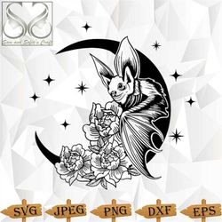 floral bat and moon svg | mystical bat svg | flower moon svg | bat clipart | bat svg | moon svg | silhouette | cricut