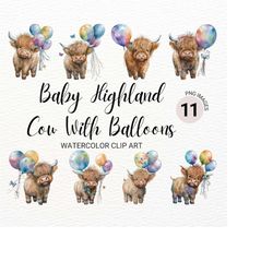 baby highland cow with balloons png | watercolor highland cow clipart | nursery wall art | baby animals clipart bundle |