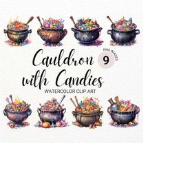 cauldron with candy clipart | watercolor halloween png | junk journal | digital planner | spooky collage images | paper