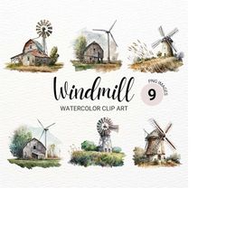 farm windmill clipart | farmhouse clipart | windmill png | watercolor barn | summer clipart | wind turbine | commercial