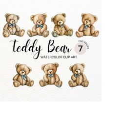 teddy bear clipart | watercolor bear png | nursery wall art | baby animals | kawaii baby shower clipart | digital downlo