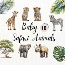 watercolor baby safari animals png | baby animals clipart | jungle animals | safari nursery decor | nursery wall art | c