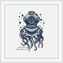 cross stitch pattern octopus diver helmet silhouette diving kraken sea marine monochrome counted crossstitch patterns