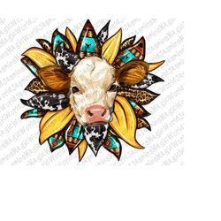 baby cow sunflower png sublimation design download, western cow png, western sunflower png, leopard sunflower png,sublim