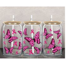 breast cancer butterflies libbey glass png sublimation design,breast cancer png,butterfly libbey glass png, pink ribbon