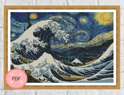 cross stitch pattern,the three masterpiece,the scream,the starry night,hokusai katsushika,instant download,van gogh