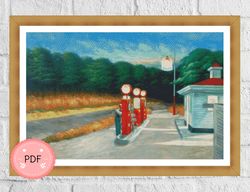 cross stitch pattern,gas by edward hopper,pdf,instant download,full coverage,famous oil paintings