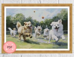 cross stitch pattern,dogs play catching ball,instant download,x stitch chart,nature scene,landscape,full coverage