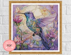 cross stitch pattern,hummingbird with flowers, pdf, instant download,x stitch chart,full coverage