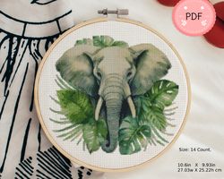 cross stitch pattern,elephant surrounded by leaves,pdf,instant download ,animal x stitch chart,watercolor