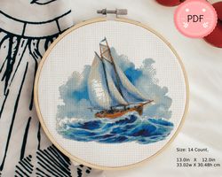 cross stitch pattern,a sailboat in the ocean,ocean wave,pdf,instant download,sea x stitch chart,beach needlework,coastal