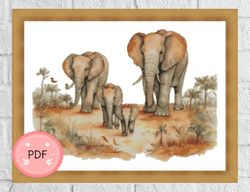 cross stitch pattern,elephant family,pdf,instant download ,animal x stitch chart,watercolor,africa,african landscape