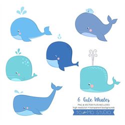 cute little whale clip art & vectors - invitation, crafting, baby shower, web design, scrapbooking - blue whales - insta