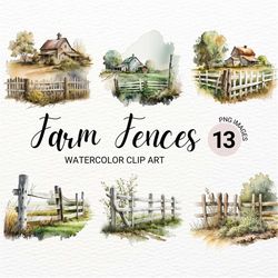 watercolor farm fences clipart | farmhouse clipart | barn fence clipart | rustic farm png | farm clipart | farm landscap