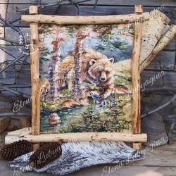 brown bear catching fish, painting on birch bark