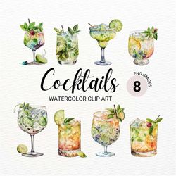 watercolor cocktails clipart | summer party cocktails | alcohol clipart | drinks clipart | kitchen art | clipart bundle