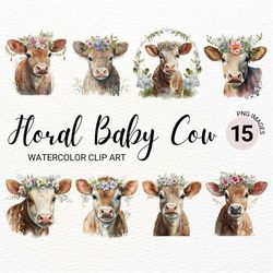 floral baby cow png | watercolor floral cow baby clipart | cute baby animals print | farm animals png | nursery wall art