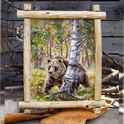 bear in the forest, birch bark painting