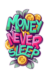 print on a t-shirt, cup "money never sleep"