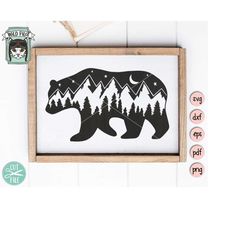 bear svg, bear silhouette svg, bear mountain scene, forest trees, camping svg file, hiking, adventure, mountain range, n