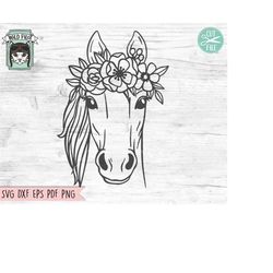 horse svg file, horse with flower crown svg, horse cut file, animal face, floral crown, horse with flowers on head, cute