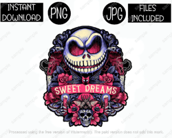 jack skellington, sweet dreams, scary horror, classic horror villain png & jpg files sublimation iron transfer