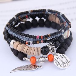 bracelets a breloques en alliage pour femmes, 5 pieces/ensemble ailes, style boheme, vintage, pierre de lave, pour fille