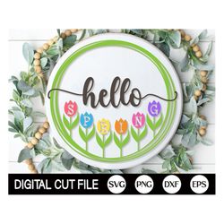 hello spring welcome sign svg, round door hanger svg, spring sign svg, farmhouse spring door decor, glowforge, png, svg