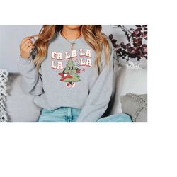 fa la la la christmas tree sweater, vintage christmas, christmas sweatshirt, women's cute santa, xmas graphic pullover,