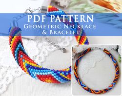 colorful geometric necklace pdf pattern, seed bead blue crochet rope bracelet diy, beading jewelry pattern for adult