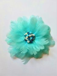 turquoise flower feather brooch, large feather flower brooch, turquoise feather accessory, feather jewelry