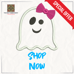 ghost with bow halloween, embroidery design, the best embroidery, machine embroidery, dst, exp, hus, pes, jef, sew, vp3,