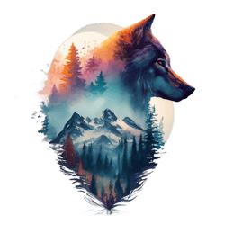 double exposure of a wolf and a mountain, natural scenery, watercolor art