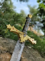 handmade medieval crown sword, battle ready sword in damasus steel