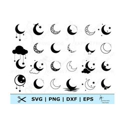 moon and stars svg. png.  cricut cut files, silhouette files. clouds, cat, black, white, stencil, outline, dxf, eps. ins