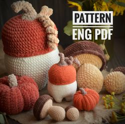 autumn set decorative pumpkins and mushrooms, easy crochet pattern