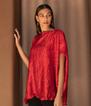 exquisite red crushed silk flare shirt for women