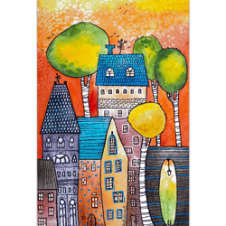 sunset city painting small original watercolor graphic art bright artwork gallery wall art by rubinova