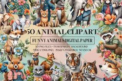 50 funny animal clipart, 3d animal illustration digital paper, high quality animal clipart png,  50 digital painted love