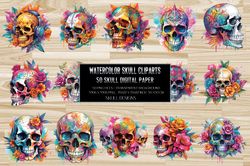 50 watercolor skull  clipart, skull illustration digital paper, high quality skull clipart png,  50 digital painted  sku