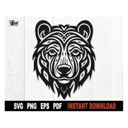 bear head svg, bear svg cut file for cricut, silhouette, bear face clipart vector, tribal bear png- digital download