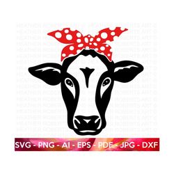 cow with red bow svg, red bandana svg, polka dots bandana svg, cow face svg, cow head svg, farm svg, dairy cow svg, cut