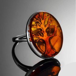 tree of life silver ring amber, sterling silver 925, stamped, rhodium plating, cognac