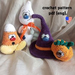 crochet halloween decoration, crochet pattern witch hat, pumpkin, ghost, candy corn