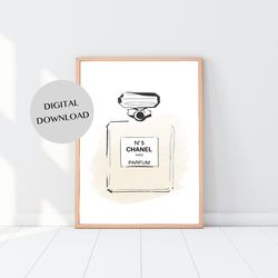 beige perfume bottle fashion illustration wall decor  - ink digital print